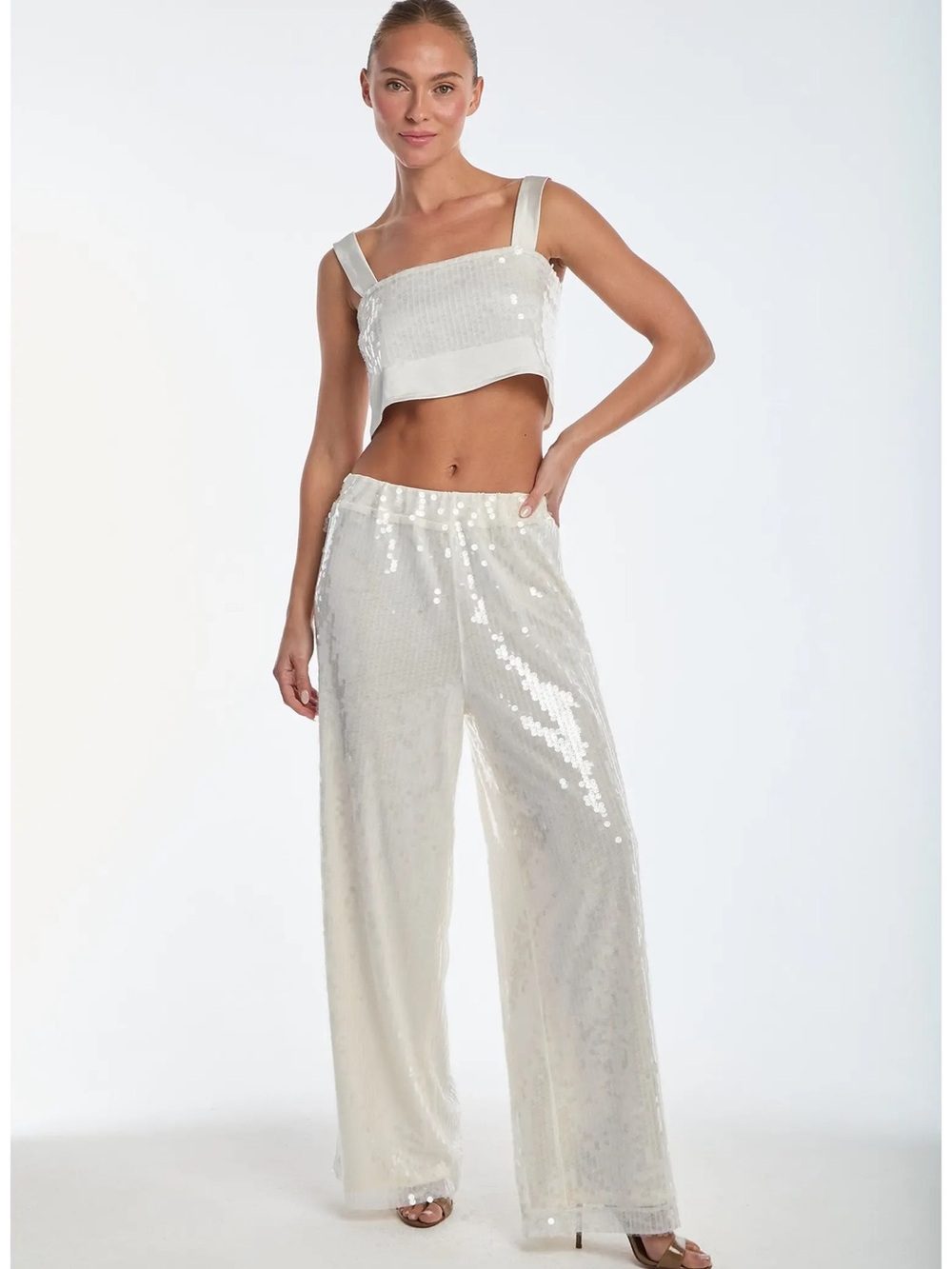 Noli Cream Sequin Wide-Leg Pants